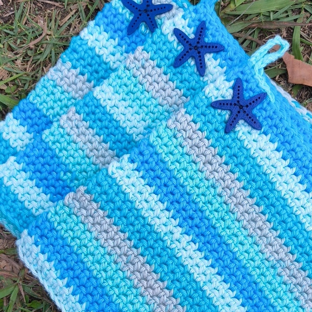 Handmade Blue Striped Kids Crochet Washcloth with Starfish Buttons